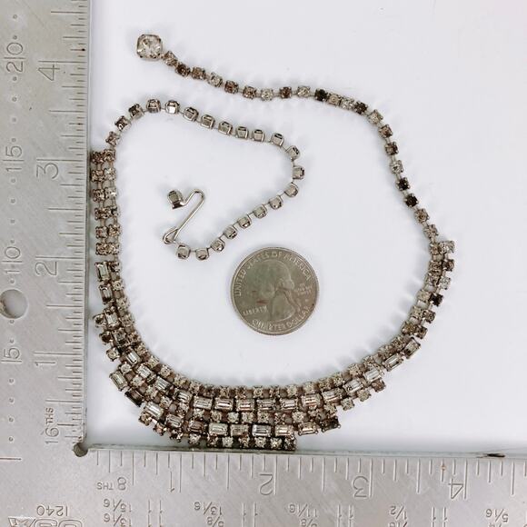 Vintage 1950s Clear Rhinestone Choker Necklace Mid Century Silver Tone Cocktail - Picture 10 of 12